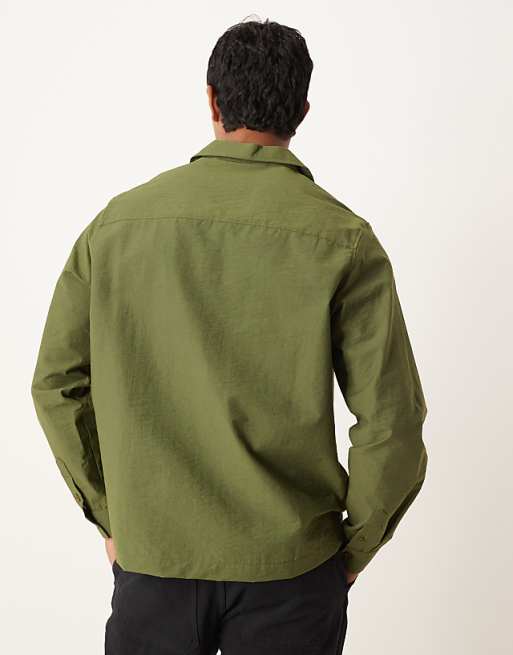 DESIGN Textured Relaxed Overhead Shirt With Chest Embroidery In Khaki