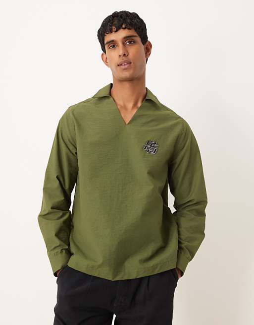 DESIGN textured relaxed overhead shirt with chest embroidery in khaki