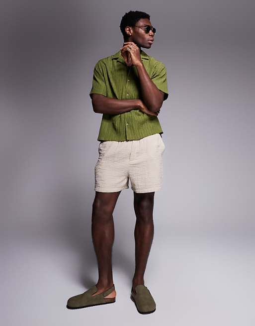 DESIGN Textured Revere Shirt In Khaki
