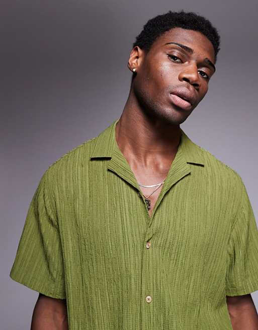 DESIGN Textured Revere Shirt In Khaki