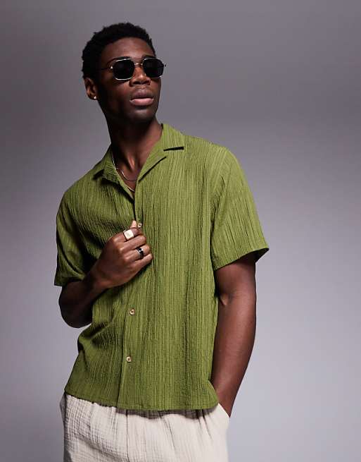 DESIGN textured revere shirt in khaki