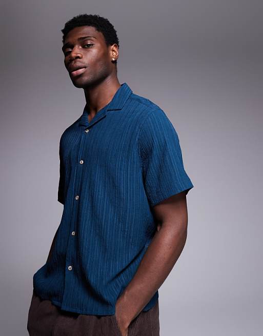 DESIGN textured revere shirt in teal