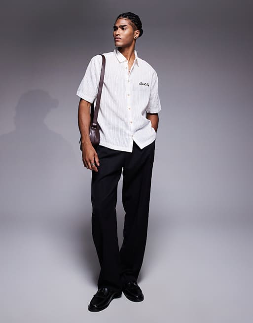 DESIGN Textured Shirt With Chest Embroidery In White