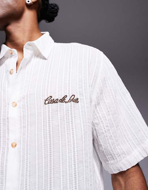 DESIGN Textured Shirt With Chest Embroidery In White