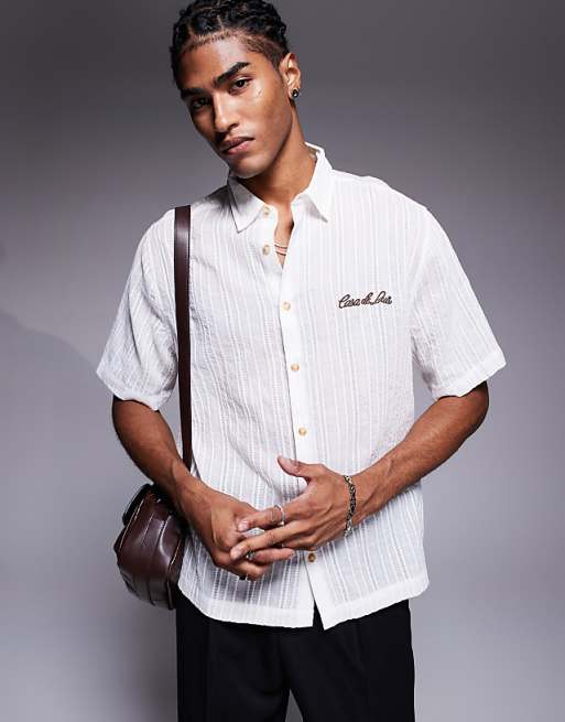 DESIGN textured shirt with chest embroidery in white