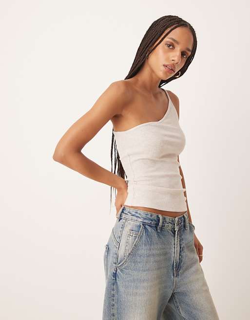 DESIGN textured stripe one shoulder tank in neutral