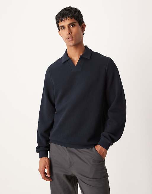 DESIGN textured sweatshirt with notch neck in navy