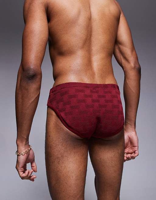 DESIGN Textured Swim Brief In Burgundy