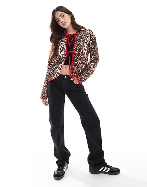 DESIGN Tie Front Jersey Shacket In Leopard Print