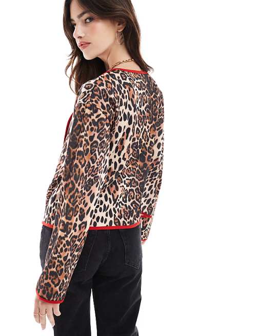 DESIGN Tie Front Jersey Shacket In Leopard Print