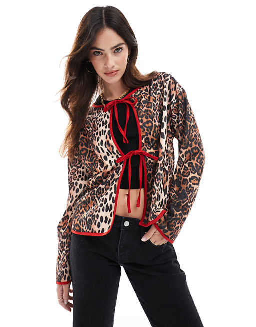 DESIGN Tie Front Jersey Shacket In Leopard Print