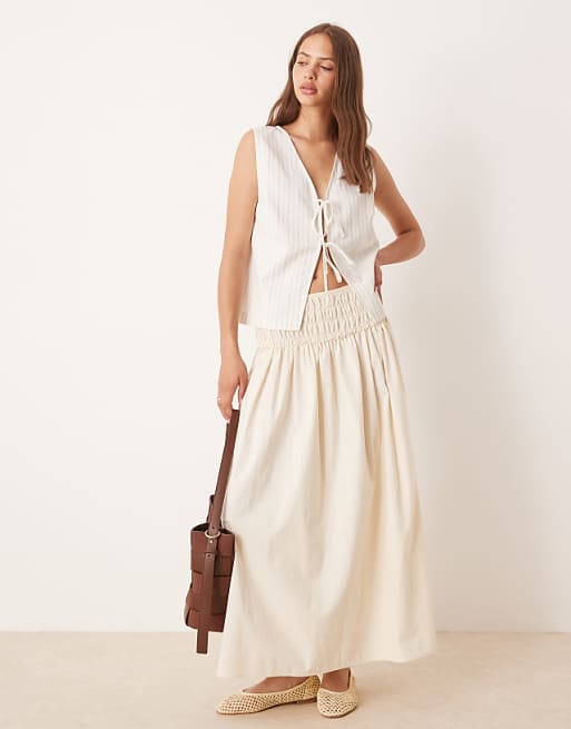 DESIGN Tie Front Waistcoat With Linen In Ecru Stripe