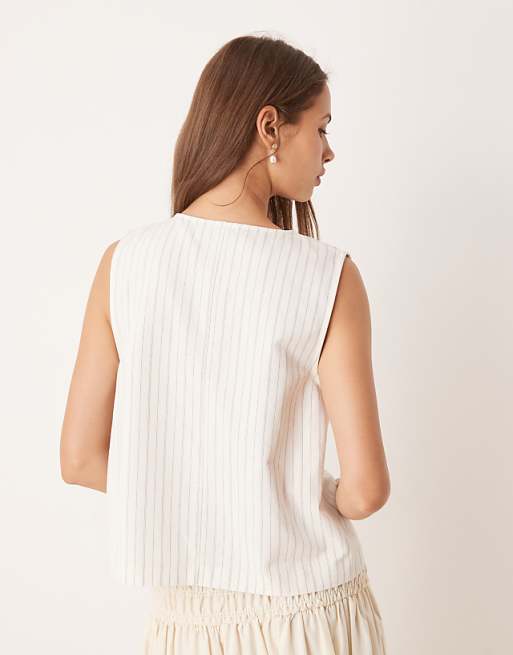 DESIGN Tie Front Waistcoat With Linen In Ecru Stripe