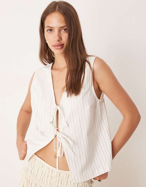 DESIGN Tie Front Waistcoat With Linen In Ecru Stripe
