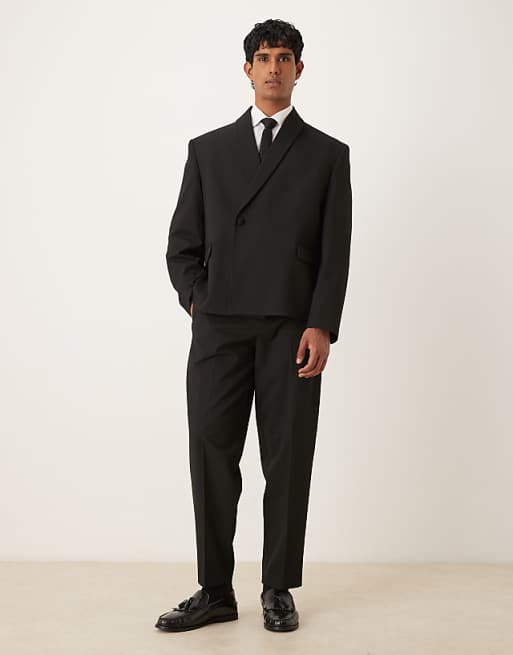 DESIGN tonal metallic stripe boxy shawl lapel suit in black