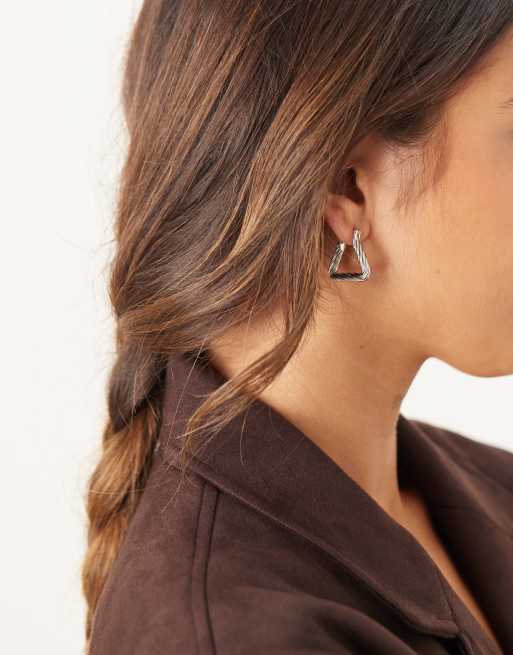 DESIGN Triangular Hoop Earrings With Twist Detail In Silver Tone