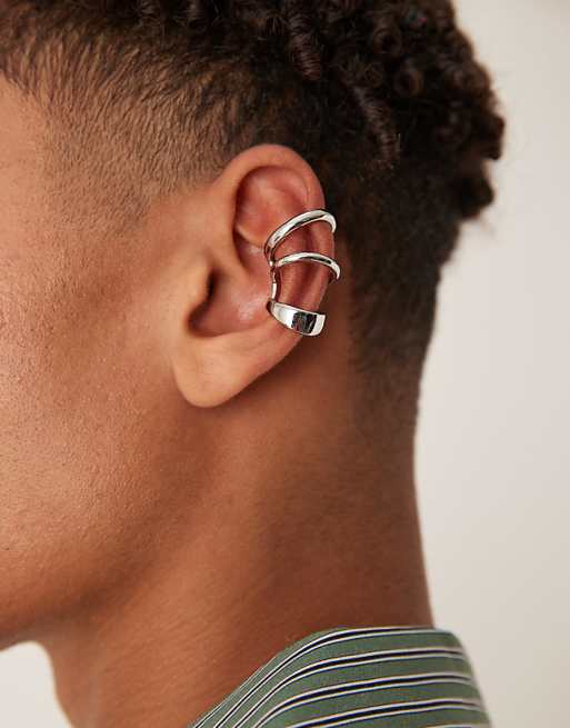 DESIGN triple row ear cuff in silver tone