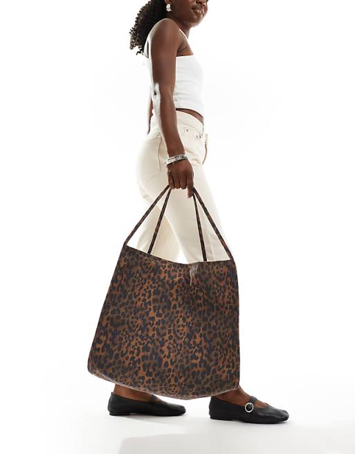 DESIGN Tubular Handle Canvas Tote Bag In Brown Leopard