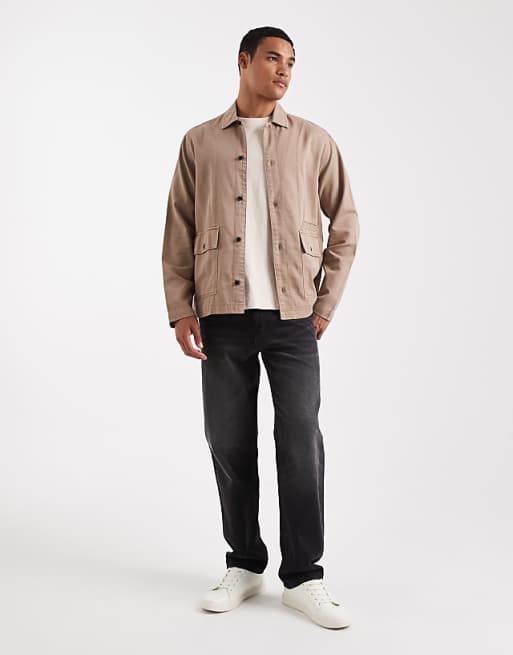 DESIGN Twill Overshirt With Badge Detail In Brown