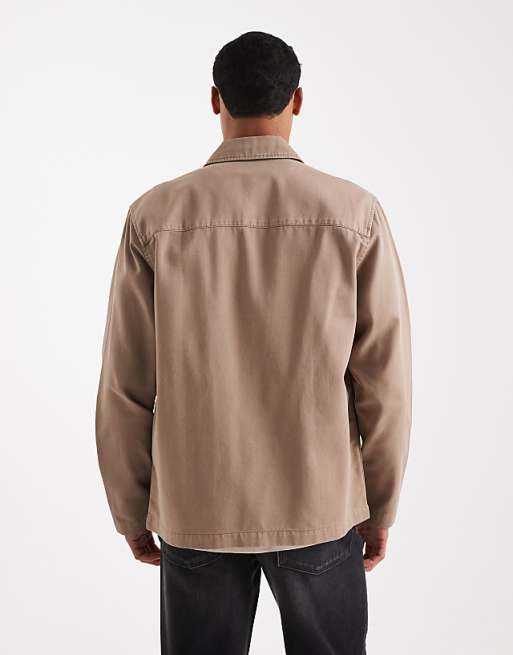 DESIGN Twill Overshirt With Badge Detail In Brown