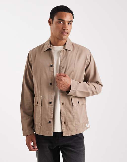 DESIGN twill overshirt with badge detail in brown