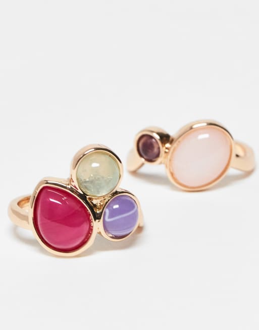 DESIGN Two Pack Rings With Cluster Of Crystals And Faux Semi Precious Stones In Gold Tone