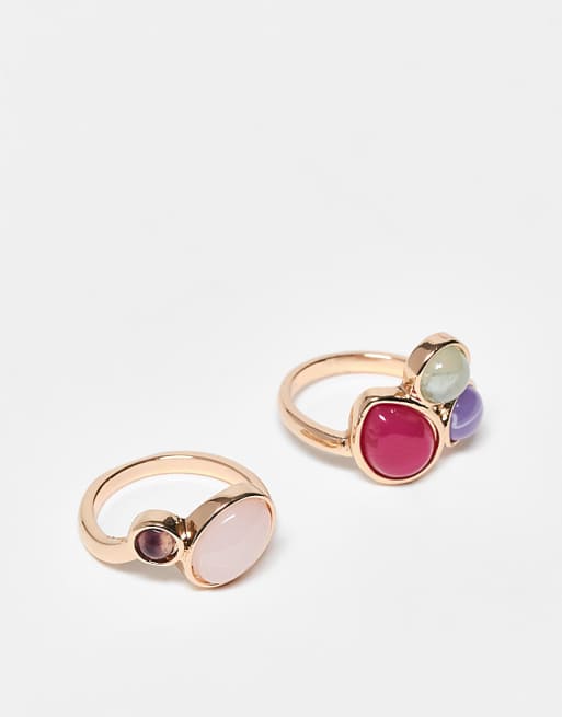 DESIGN two pack rings with cluster of crystals and faux semi precious stones in gold tone