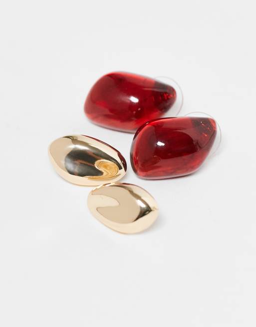 DESIGN Two Pack Stud Earrings With Molten Design In Gold And Burgundy Tone