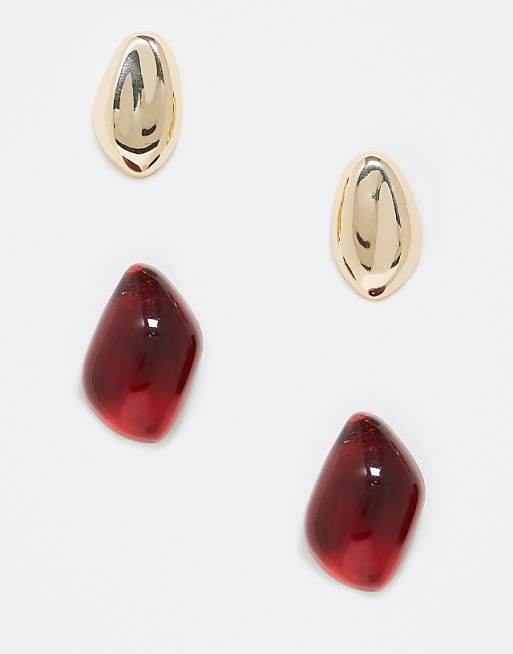 DESIGN two pack stud earrings with molten design in gold and burgundy tone