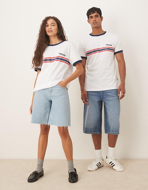 DESIGN Unisex Gola Regular Fit T-shirt With Stripe Detail In White