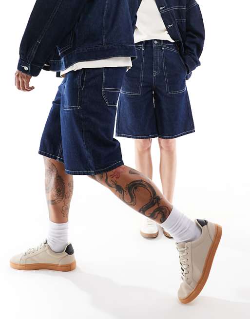 DESIGN Unisex Long Length Denim Jorts With Contrast Stitching In Rinse Wash Blue
