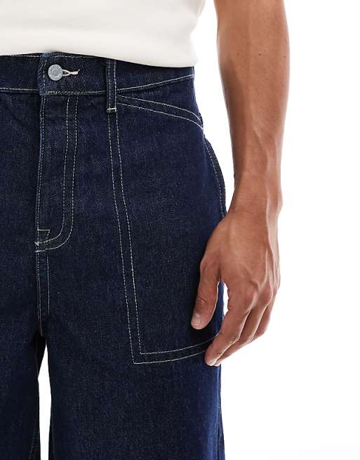 DESIGN Unisex Long Length Denim Jorts With Contrast Stitching In Rinse Wash Blue