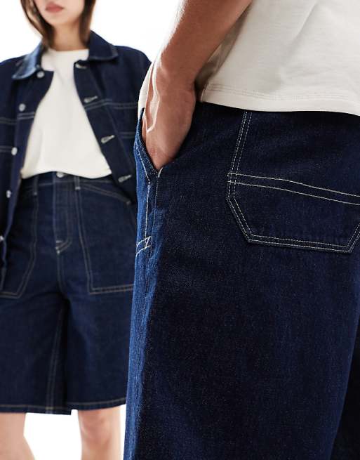 DESIGN Unisex Long Length Denim Jorts With Contrast Stitching In Rinse Wash Blue