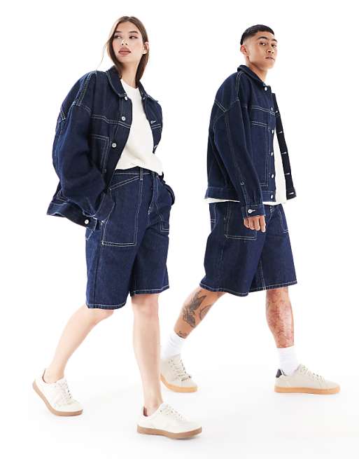 DESIGN unisex long length denim jorts with contrast stitching in rinse wash blue