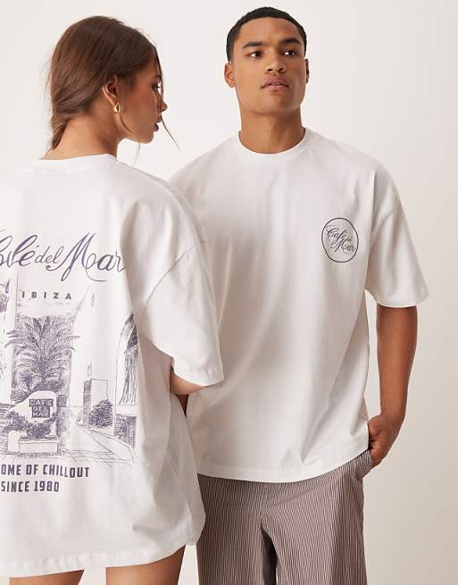 DESIGN Unisex Oversized T-shirt With Cafe Del Mar Prints In White