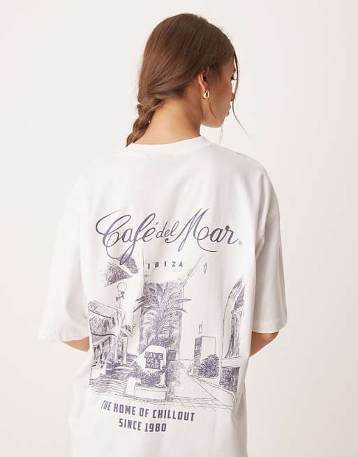 DESIGN Unisex Oversized T-shirt With Cafe Del Mar Prints In White