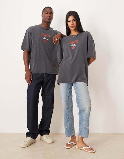 DESIGN Unisex Oversized T-shirt With Coca Cola Prints In Washed Black