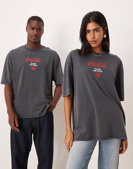 DESIGN Unisex Oversized T-shirt With Coca Cola Prints In Washed Black