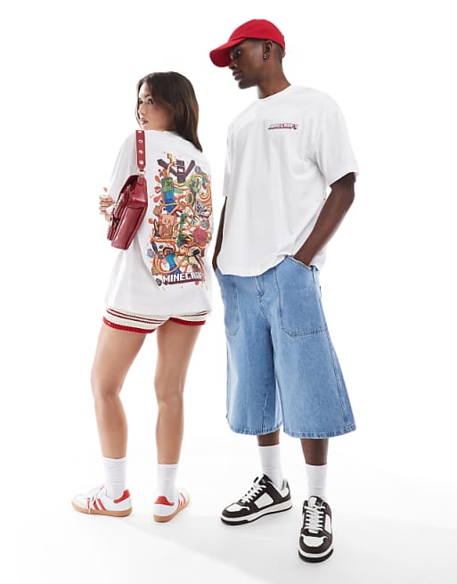 DESIGN Unisex Oversized T-shirt With Minecraft Prints In White