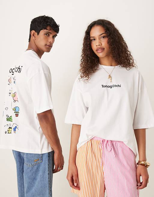 DESIGN Unisex Oversized T-shirt With Tamagotchi Prints In White
