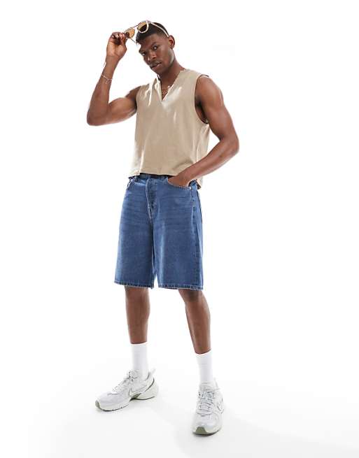 DESIGN V Neck Tank In Stone Linen Mix