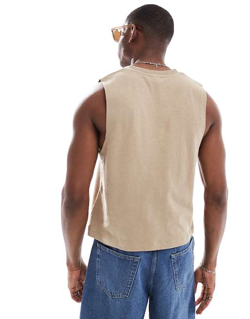 DESIGN V Neck Tank In Stone Linen Mix