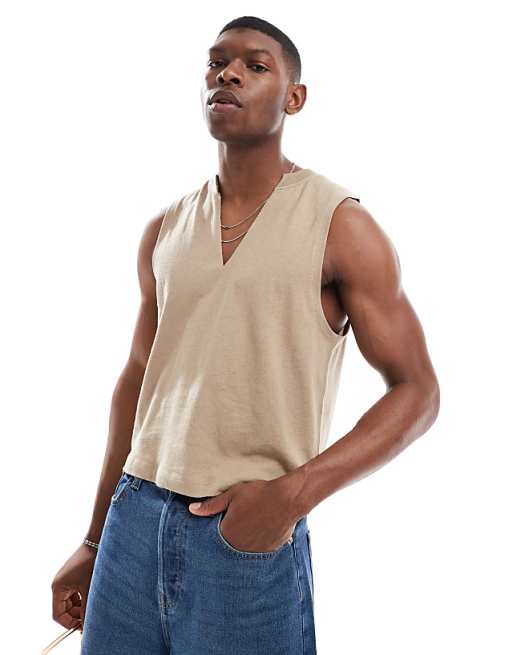 DESIGN v neck tank in stone linen mix