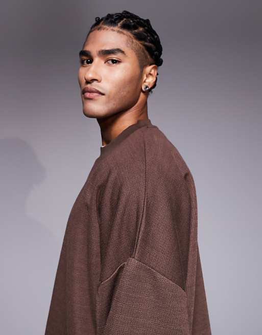 DESIGN Waffle Sweatshirt In Brown