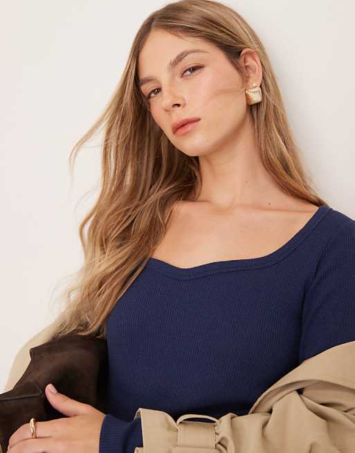 DESIGN Waffle Sweetheart Waffle Top In Navy