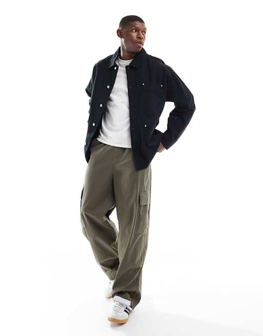 DESIGN Washed Twill Worker Jacket In Black