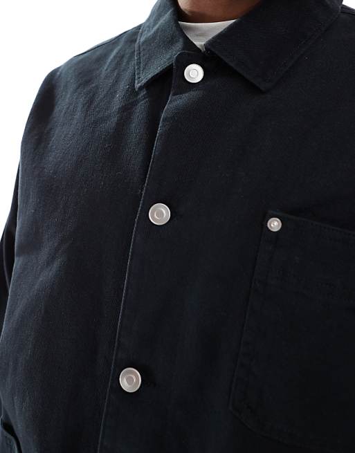 DESIGN Washed Twill Worker Jacket In Black
