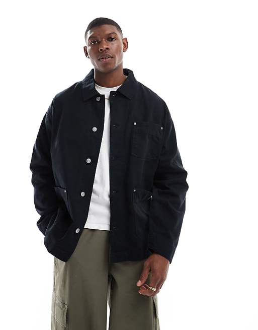 DESIGN washed twill worker jacket in black