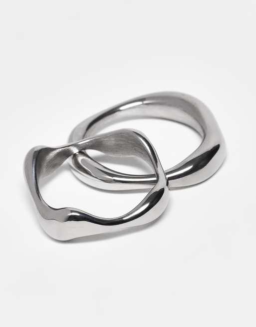 DESIGN Waterproof Stainless 2 Pack Molten Band Ring In Silver Tone