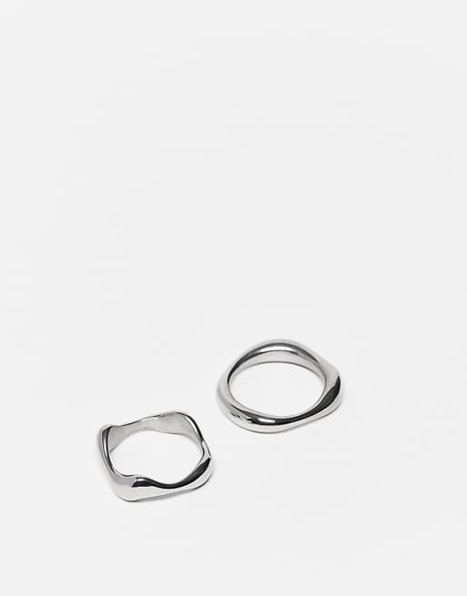 DESIGN waterproof stainless 2 pack molten band ring in silver tone